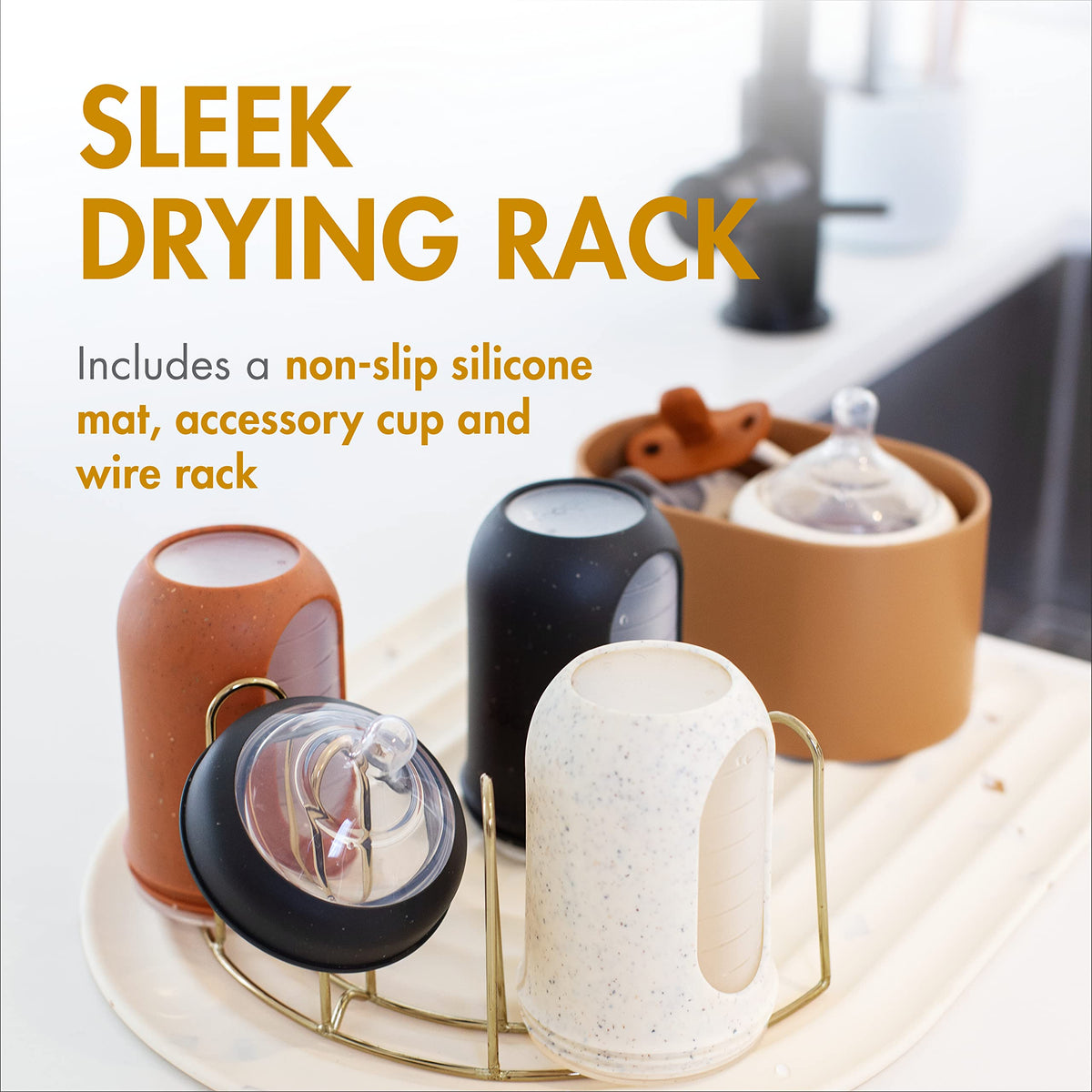Close up of Boon Arc drying rack accessory cup for pacifiers