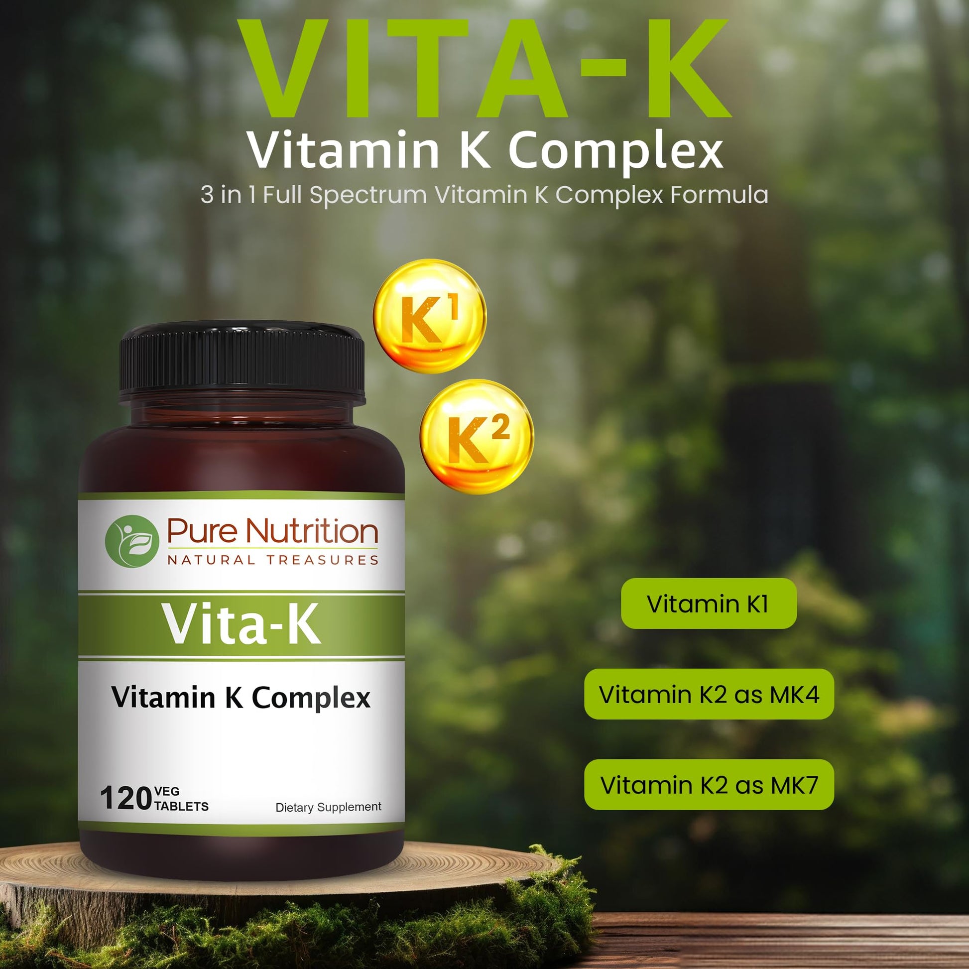 Pure Nutrition Natural Treasures full spectrum K1 and K2 formula supplement facts panel