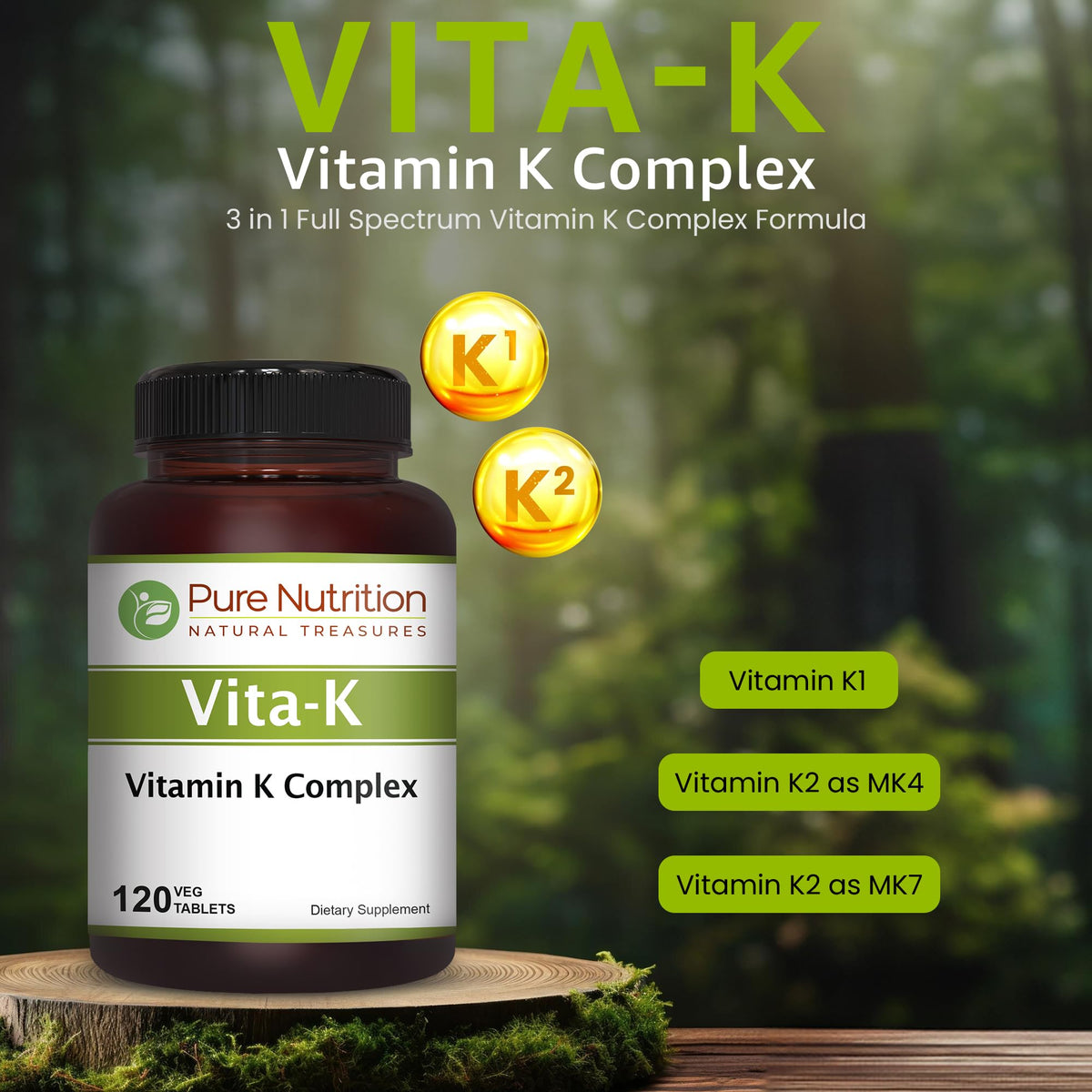 Pure Nutrition Vitamin K Complex 120 vegetarian tablets label details