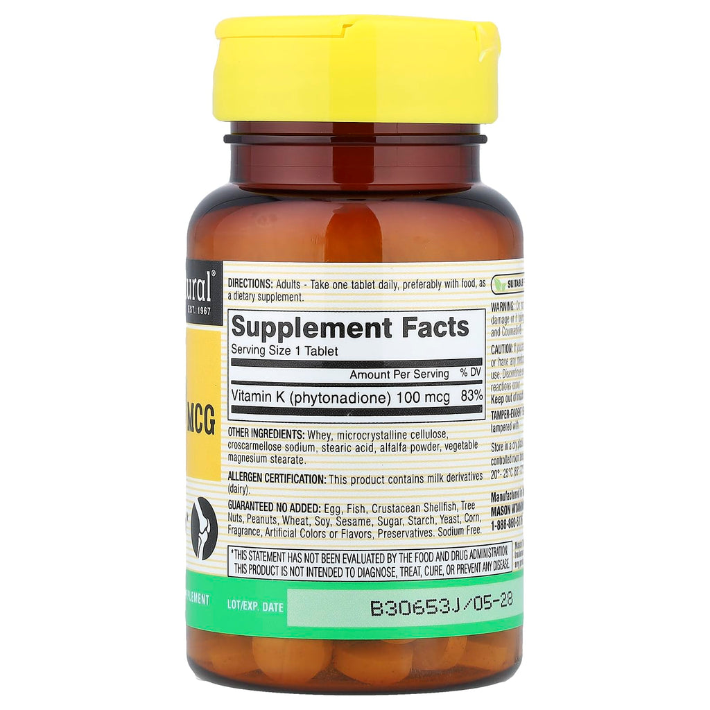 Mason Natural Vitamin K supplement nutrition facts supplement label