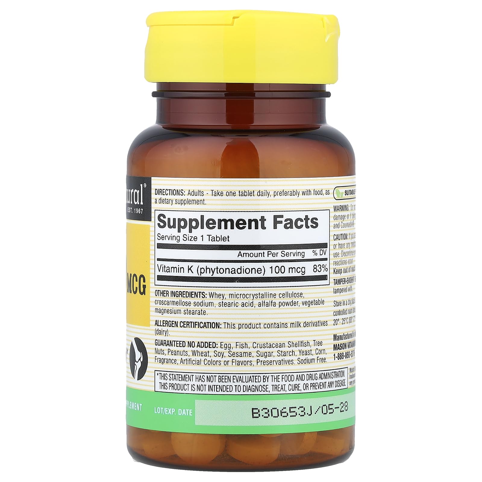 Mason Natural Vitamin K dietary supplement label showing cGMP certification