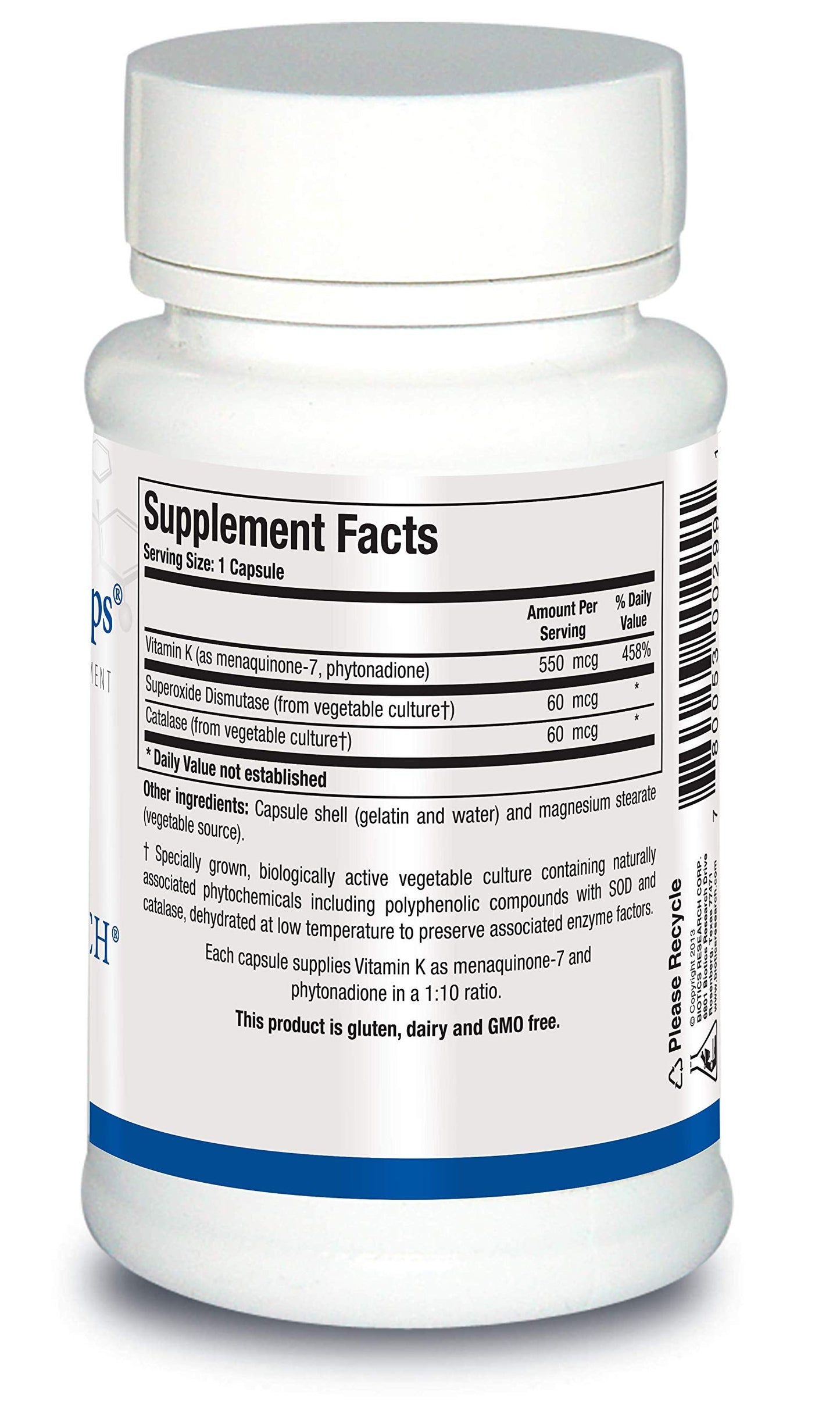 Biotics Research Vitamin K supplement nutritional facts label showing K1 and K2 MK7 ingredients