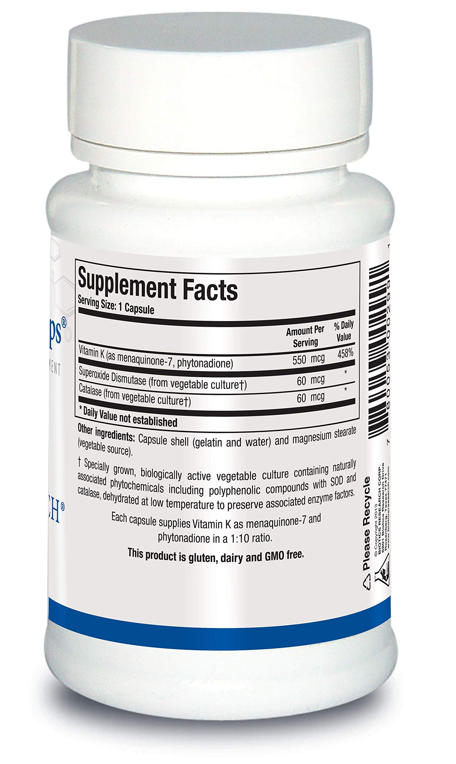 Biotics Research Vitamin K supplement nutritional facts label showing K1 and K2 MK7 ingredients