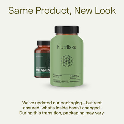 Nutriissa 6200 mcg Vitamin K supplement facts label highlighting K1 and K2 ingredients.