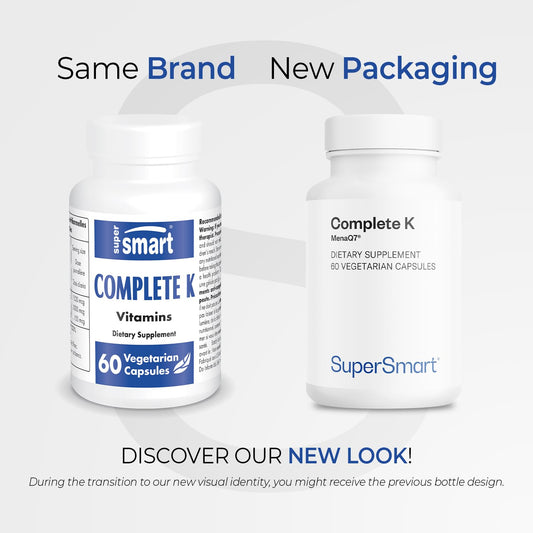 Supersmart Complete K dietary supplement label showing K1 K2 MK4 and MK7 ingredients