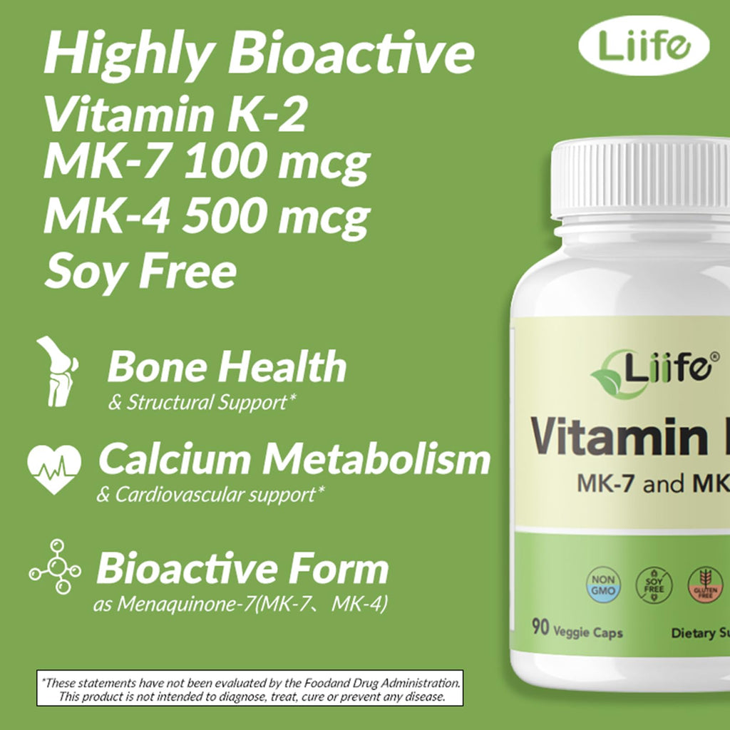 Liife vitamin k2 supplement bottle showing capsule count and key actives