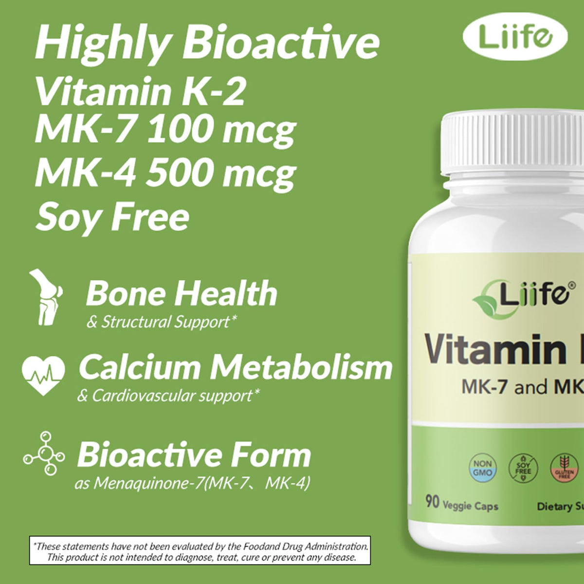 Liife vitamin k2 supplement bottle showing capsule count and key actives