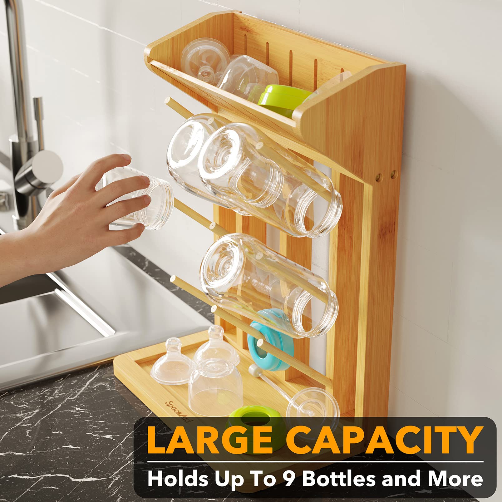 Close up of wooden pegs on SpaceAid baby bottle drying rack