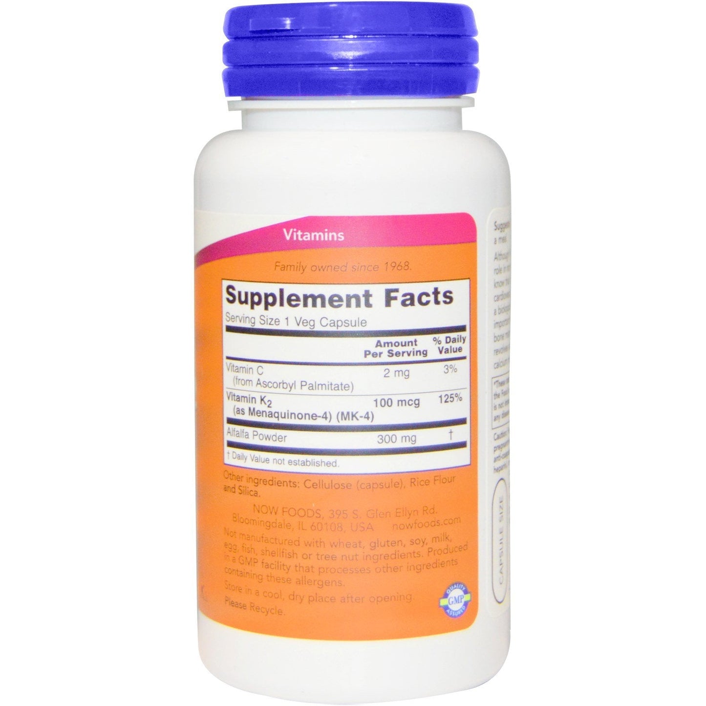 NOW Foods Vitamin K2 dietary supplement bottle side view highlighting the Menaquinone-4 MK-4 ingredient list