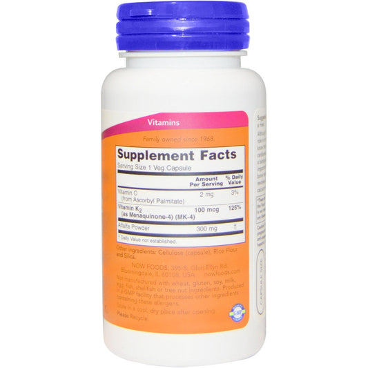 NOW Foods Vitamin K2 dietary supplement bottle side view highlighting the Menaquinone-4 MK-4 ingredient list