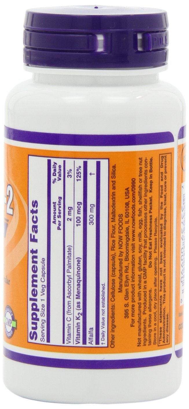 Authentic NOW Foods Vitamin K2 100mcg imported health supplement display with non-GMO and vegetarian icons