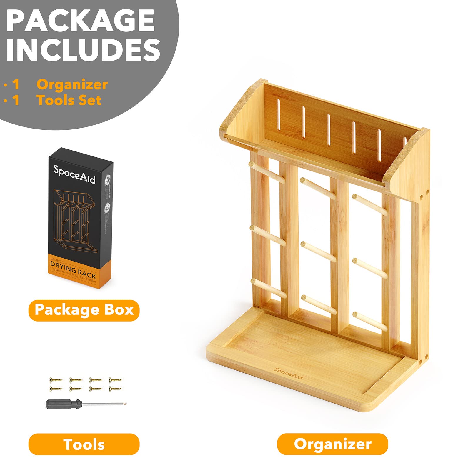 SpaceAid bamboo drying rack showing dimensions in kitchen