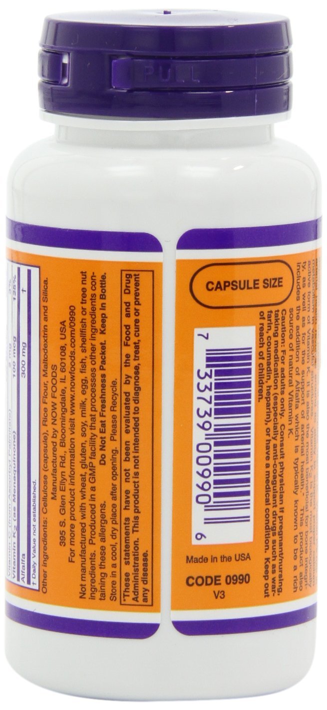 NOW Foods Vitamin K2 100 vegetable capsules packaging details showing cardiovascular and bone matrix support features