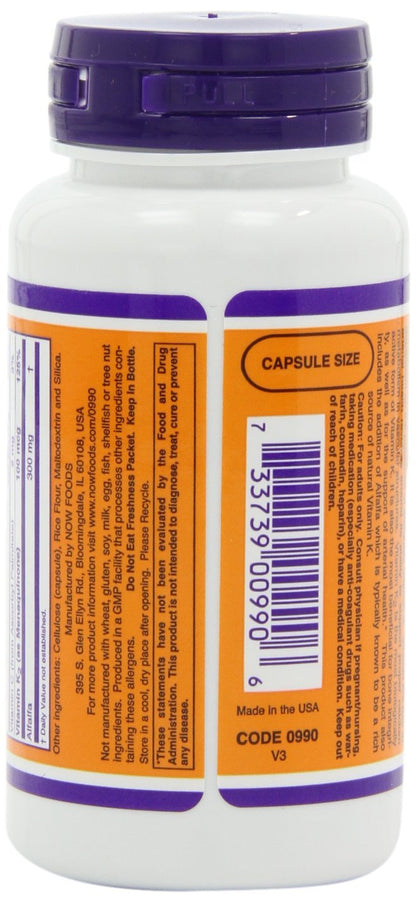 NOW Foods Vitamin K2 100 vegetable capsules packaging details showing cardiovascular and bone matrix support features