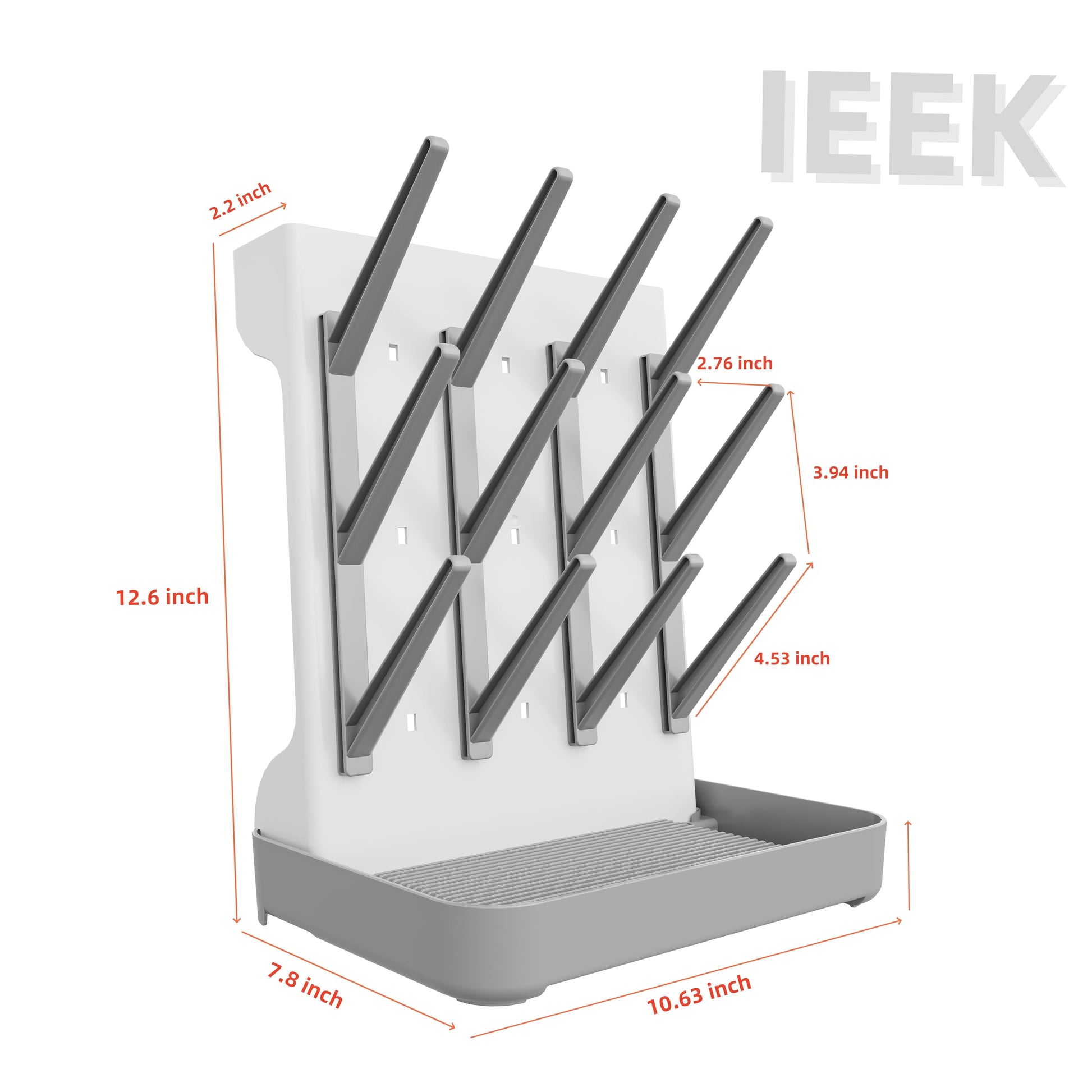 Side profile of grey and white Ieek bottle drying tower