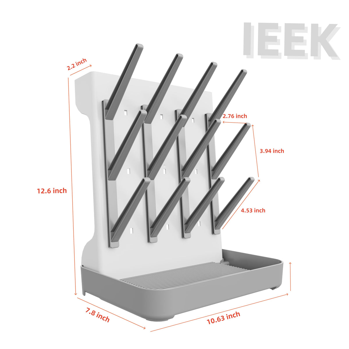 Side profile of grey and white Ieek bottle drying tower
