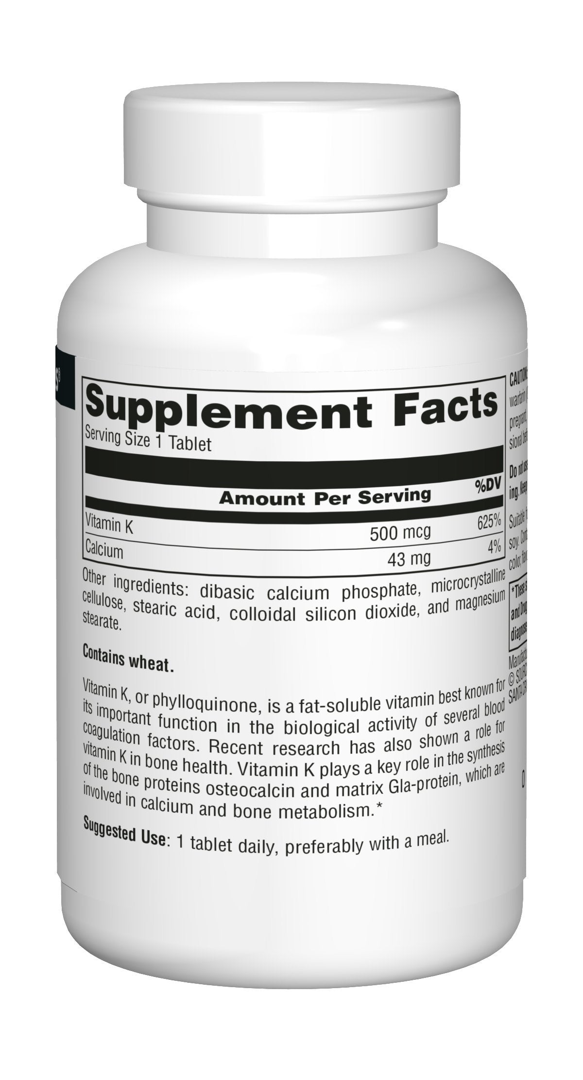 Source Naturals Vitamin K1 five hundred micrograms dietary supplement label details