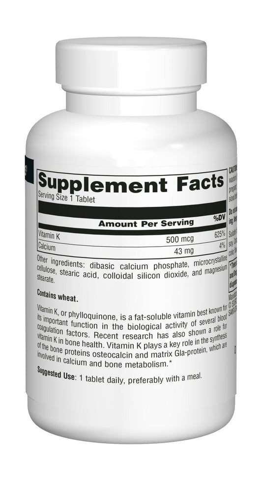 Source Naturals Vitamin K1 five hundred micrograms dietary supplement label details