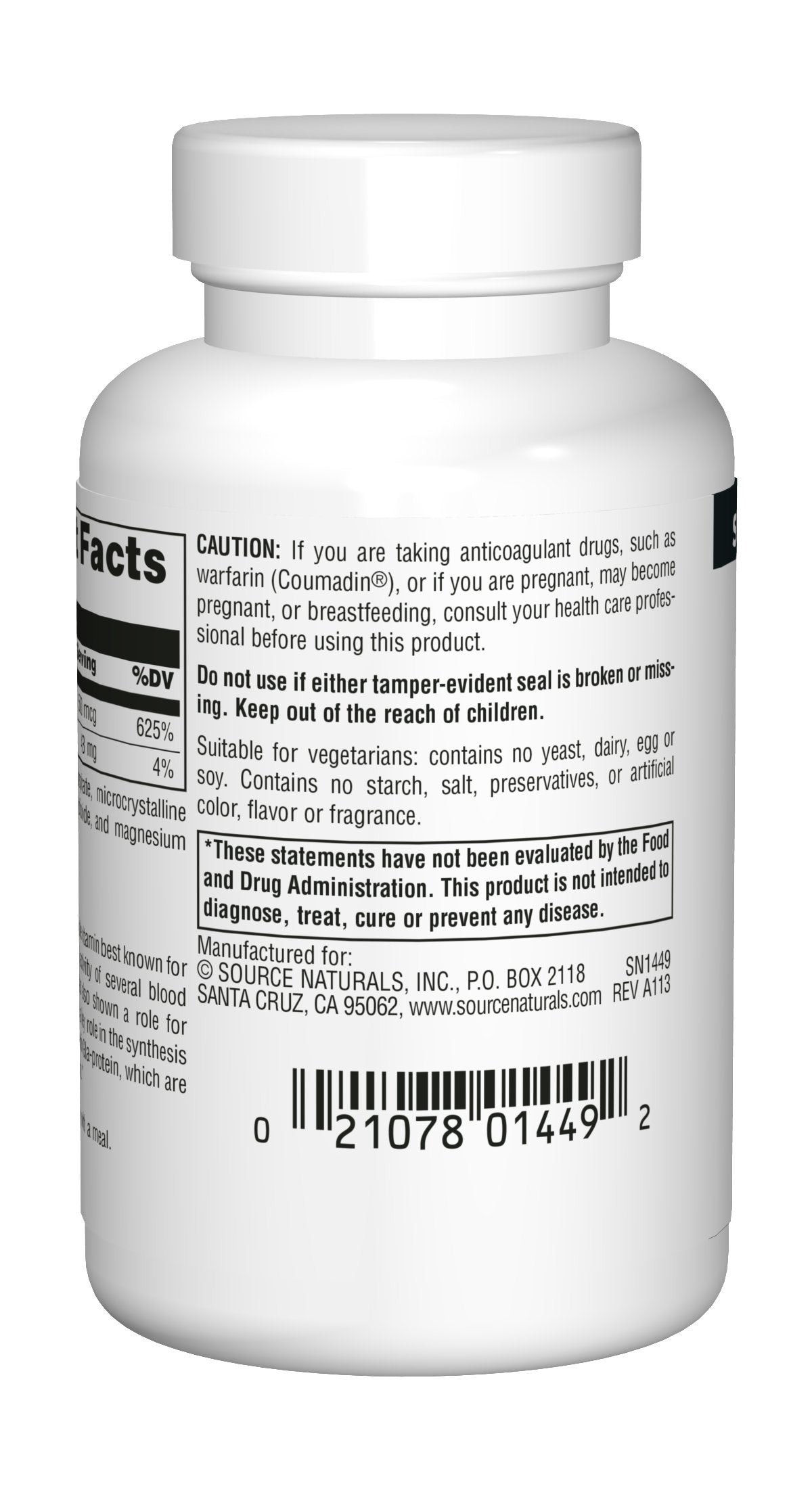 Vegetarian Vitamin K1 unflavored tablets packaging side view displaying ingredients
