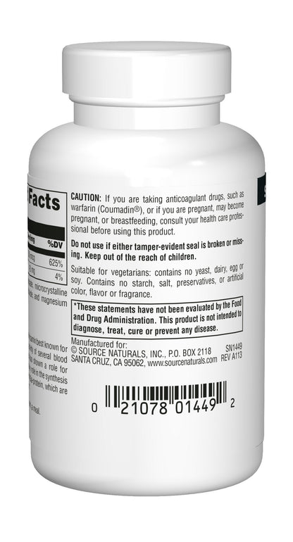 Vegetarian Vitamin K1 unflavored tablets packaging side view displaying ingredients