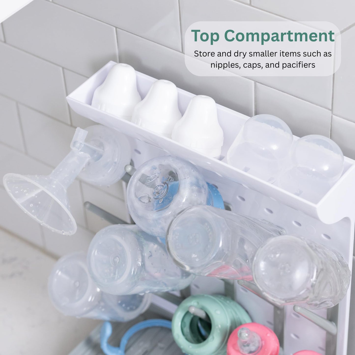 Velakade drying rack with breast pump parts and pacifiers