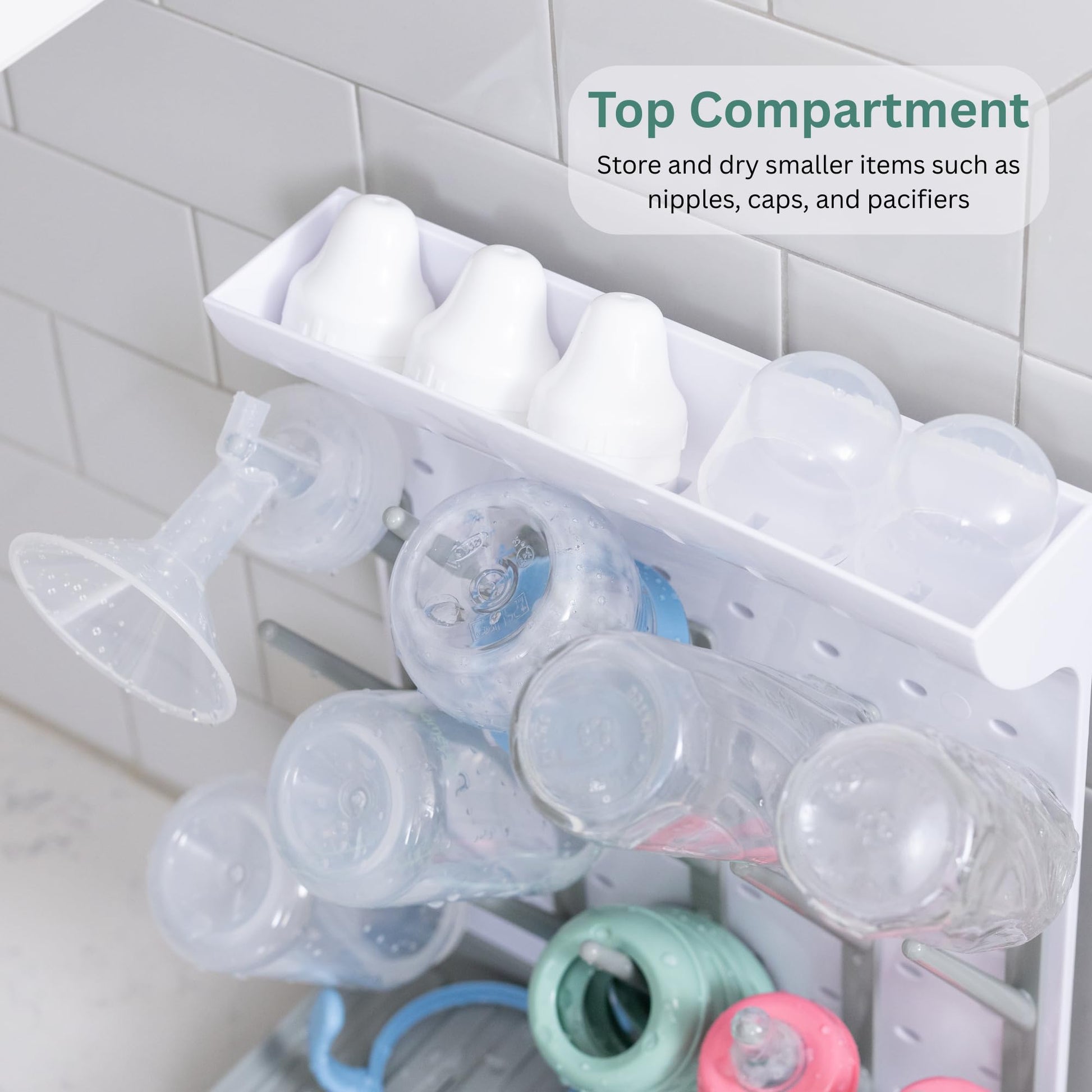 Velakade drying rack with breast pump parts and pacifiers