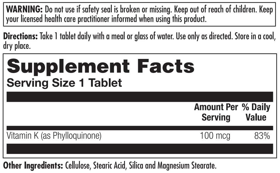 Authentic KAL phylloquinone vitamin K supplement showing label details and dietary information