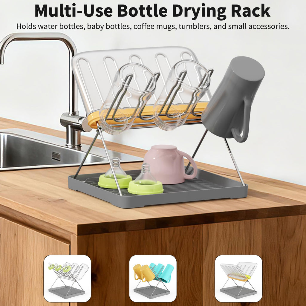 Bottle drying rack in partially folded storage position