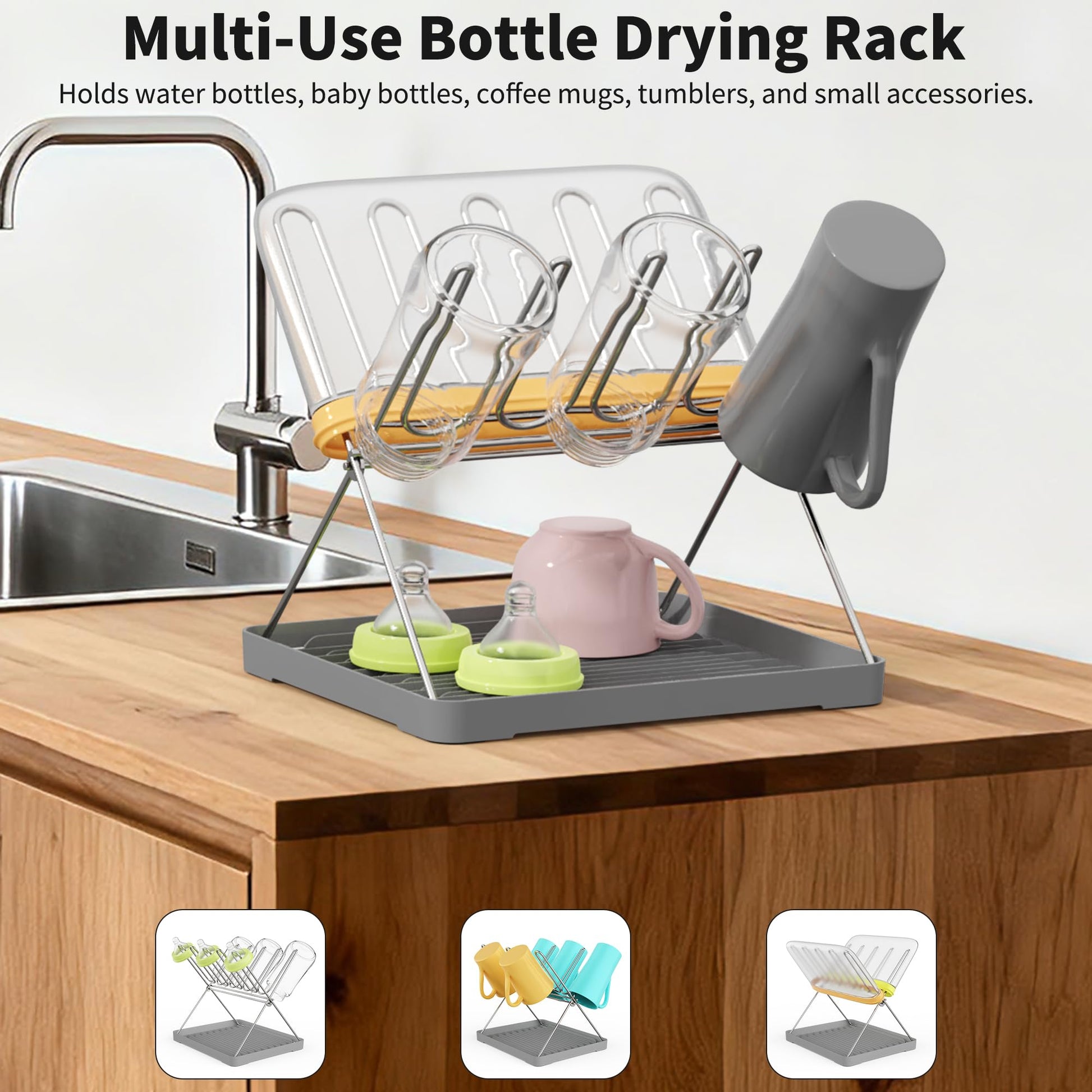 Bottle drying rack in partially folded storage position