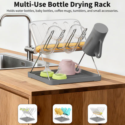 Bottle drying rack in partially folded storage position
