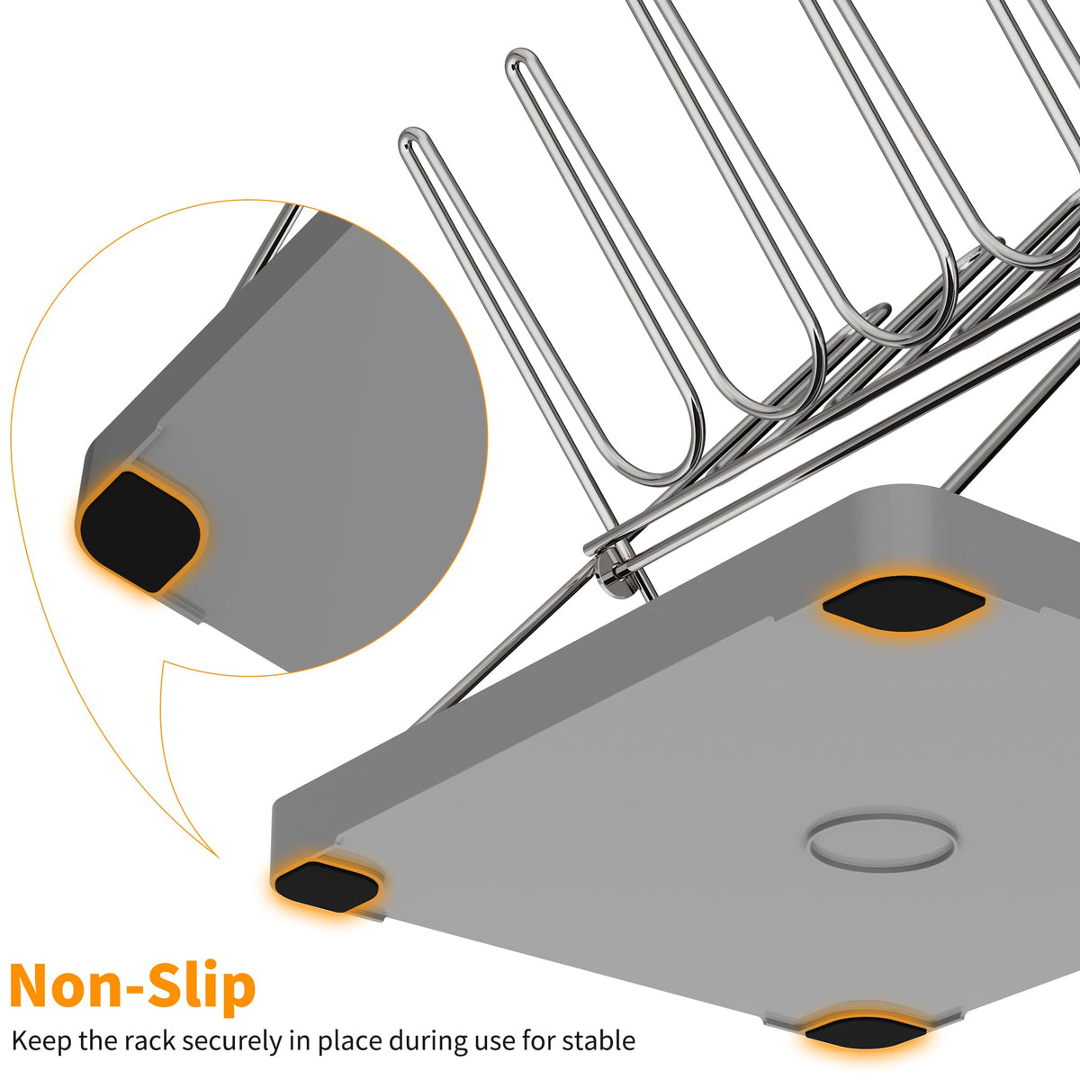Stainless steel drying rack holding baby bottles and pacifiers