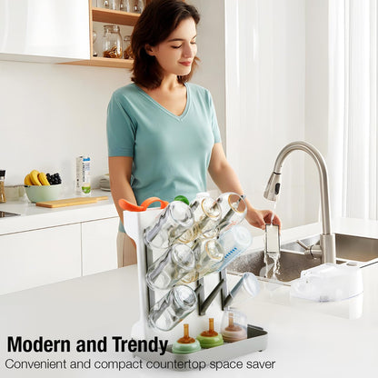 Top view of PandaEar grey bottle drying rack on countertop