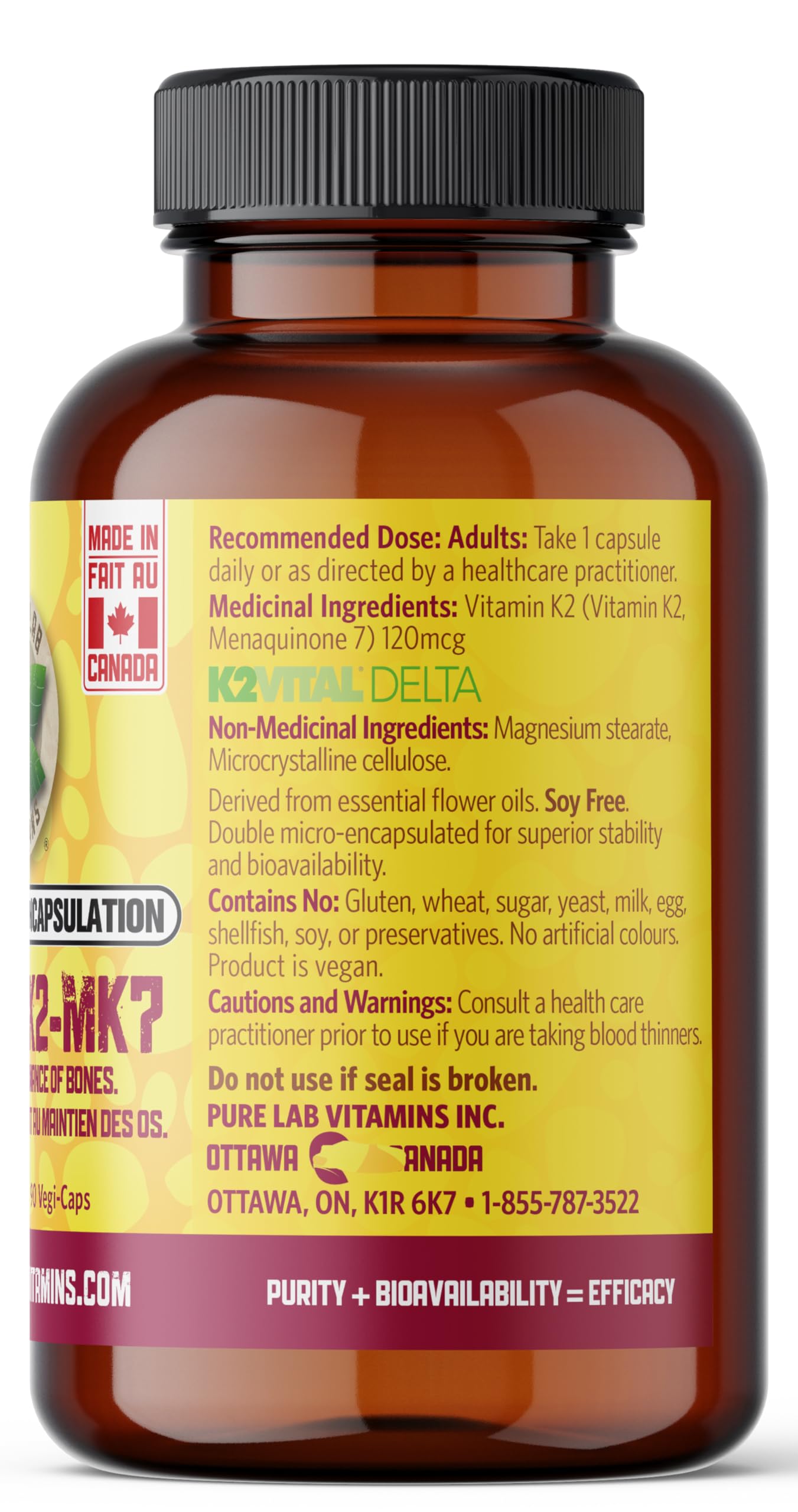 Pure Lab Vitamins Vitamin K2 MK7 allergen free capsule size visual representation