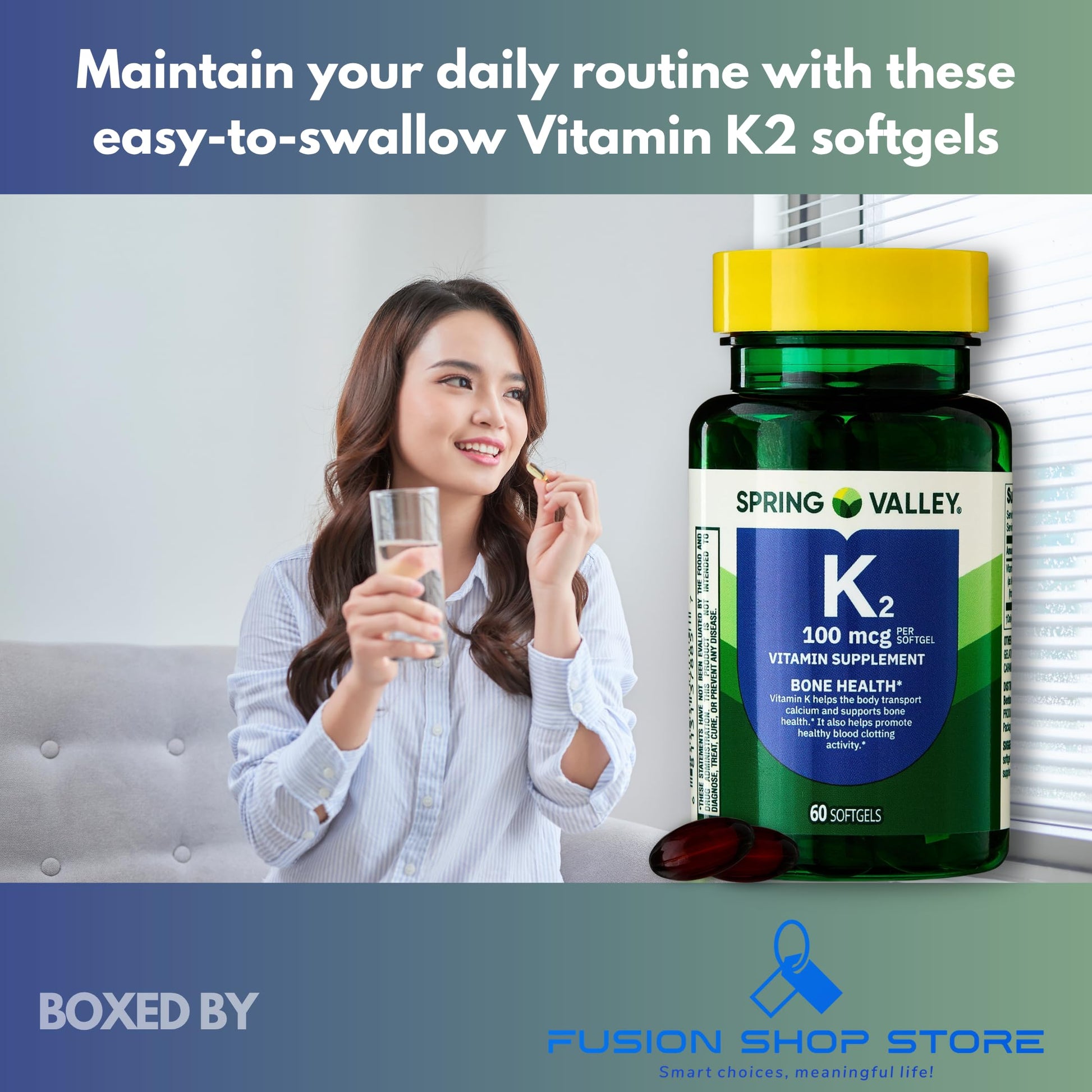Side view of Fusion Shop Vitamin K2 supplement bottle displaying product facts and adult dosage instructions.