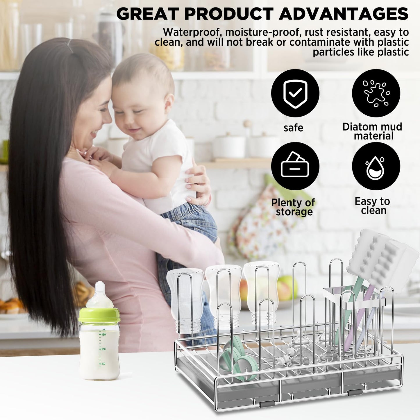 Side profile of Chilinii stainless steel drying station with brush holder