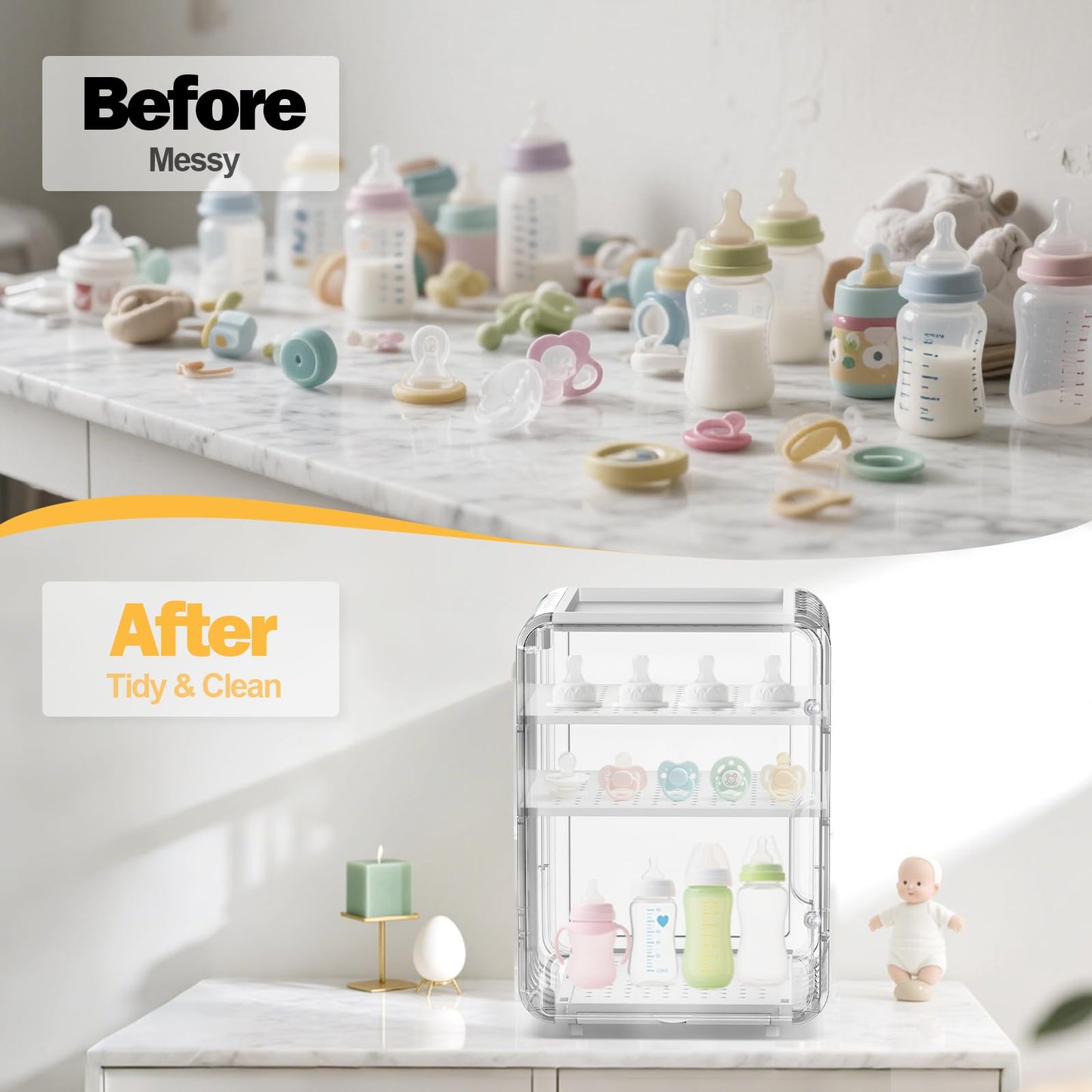 Side view of Xangnier baby bottle organizer with drying rack