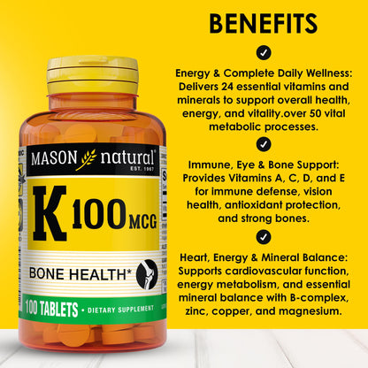 Mason Natural Vitamin K supplement label showing ingredient and dosage facts