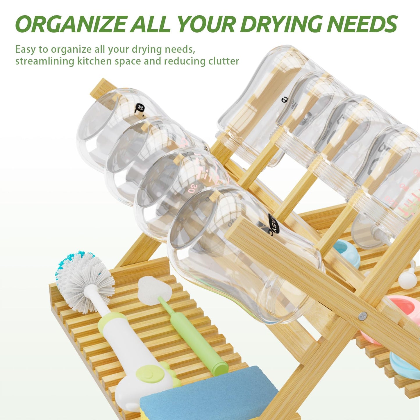Vertical bamboo rack holding multiple baby bottles