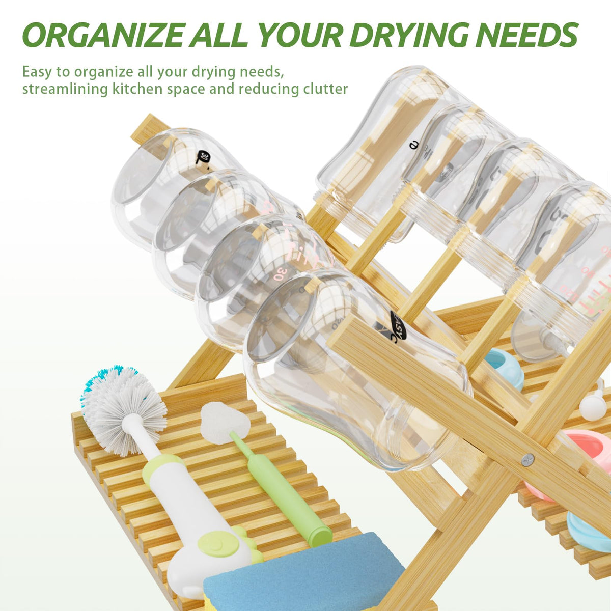 Vertical bamboo rack holding multiple baby bottles