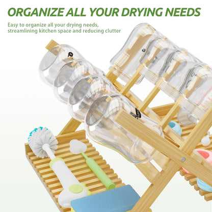 Vertical bamboo rack holding multiple baby bottles