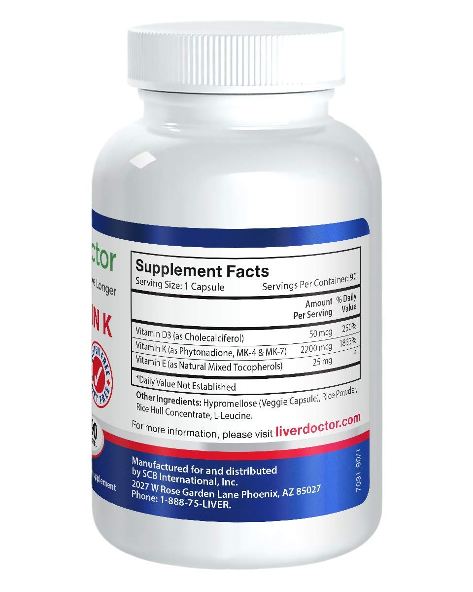 Liver Doctor Super Vitamin K supplement facts showing vitamin K1 and vitamin K2 MK7 dosage info