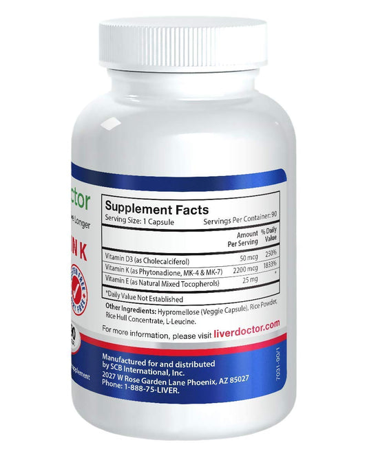 Liver Doctor Super Vitamin K supplement facts showing vitamin K1 and vitamin K2 MK7 dosage info