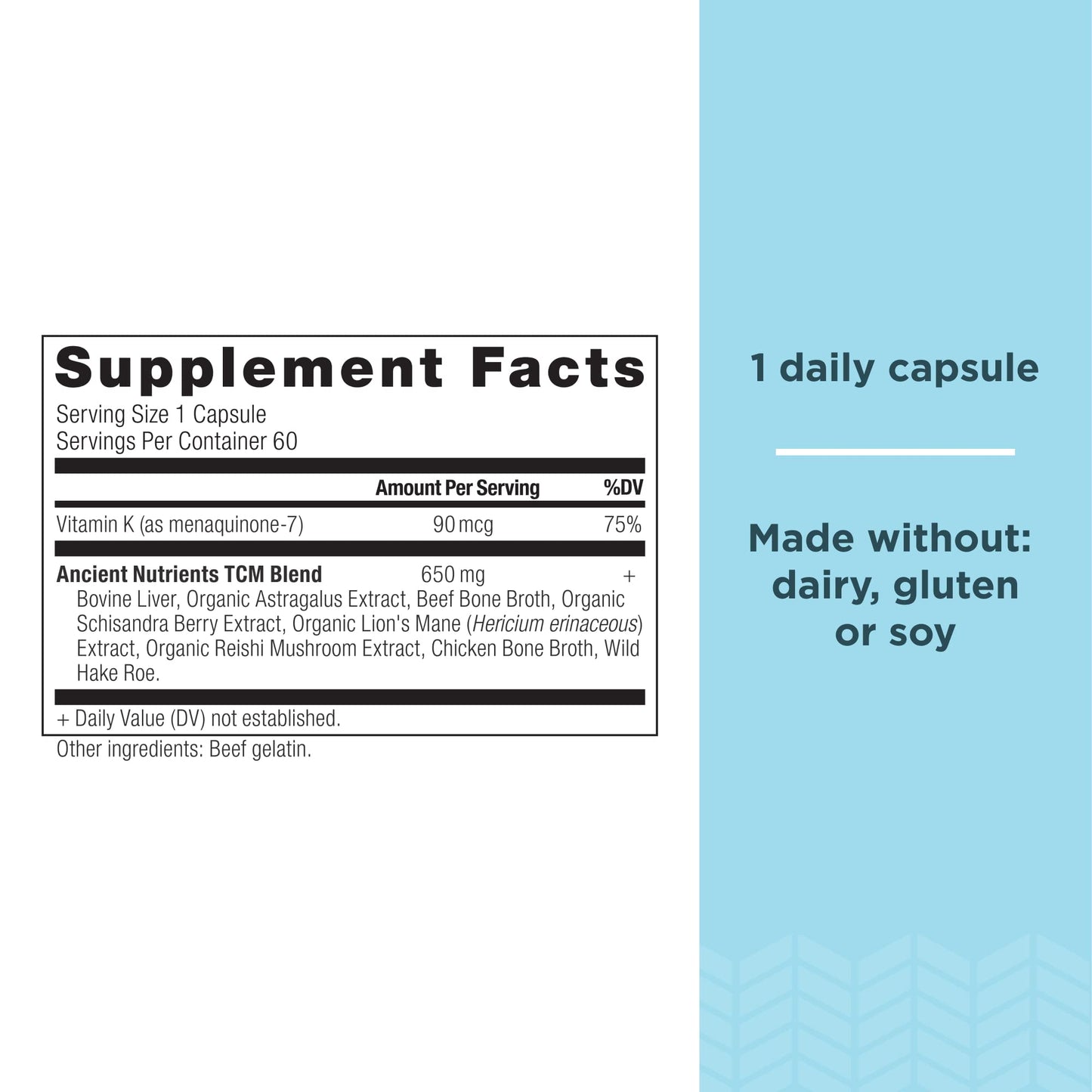 Ancient Nutrients Vitamin K2 supplement side label showing Traditional Chinese Method TCM blend ingredients
