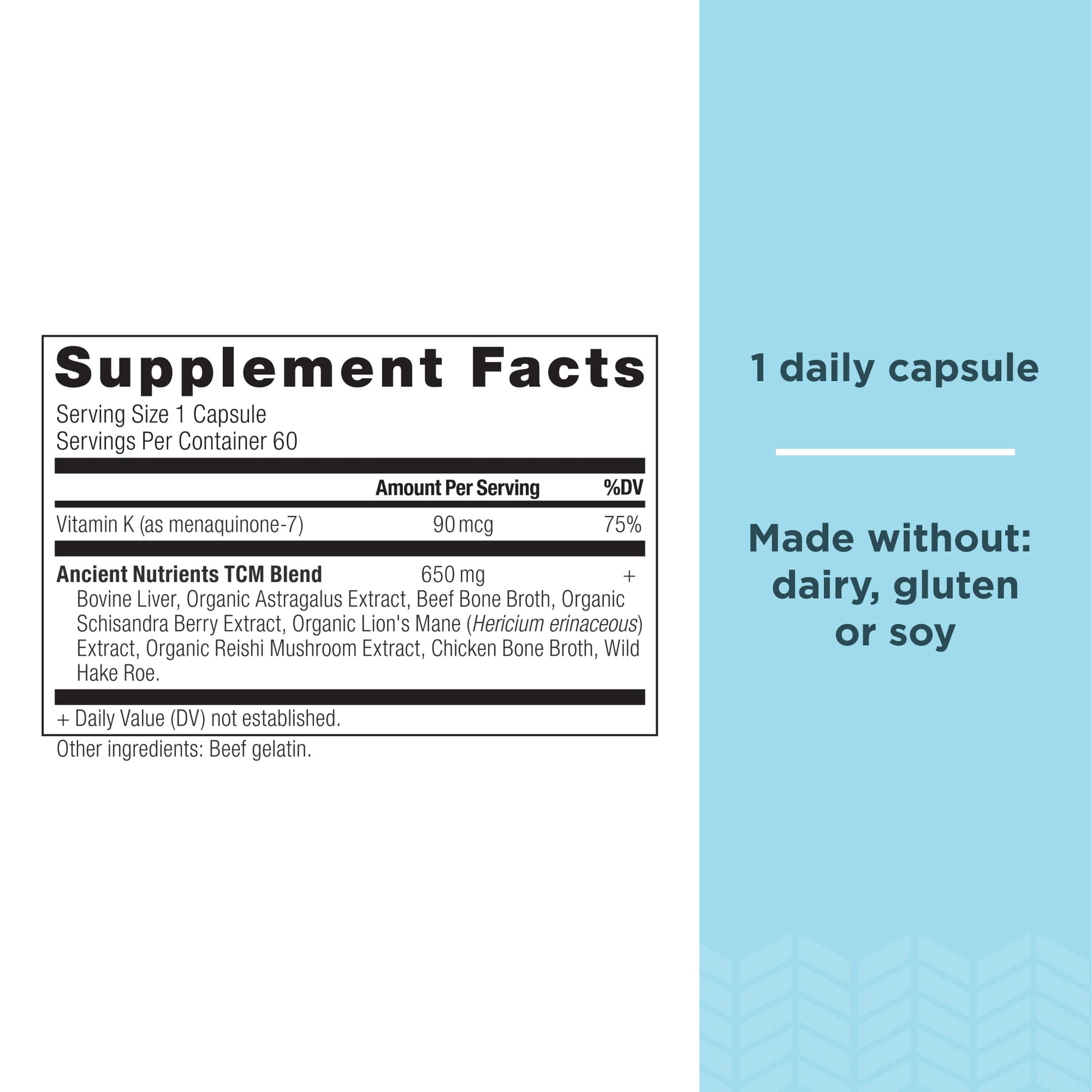 Ancient Nutrients Vitamin K2 supplement side label showing Traditional Chinese Method TCM blend ingredients