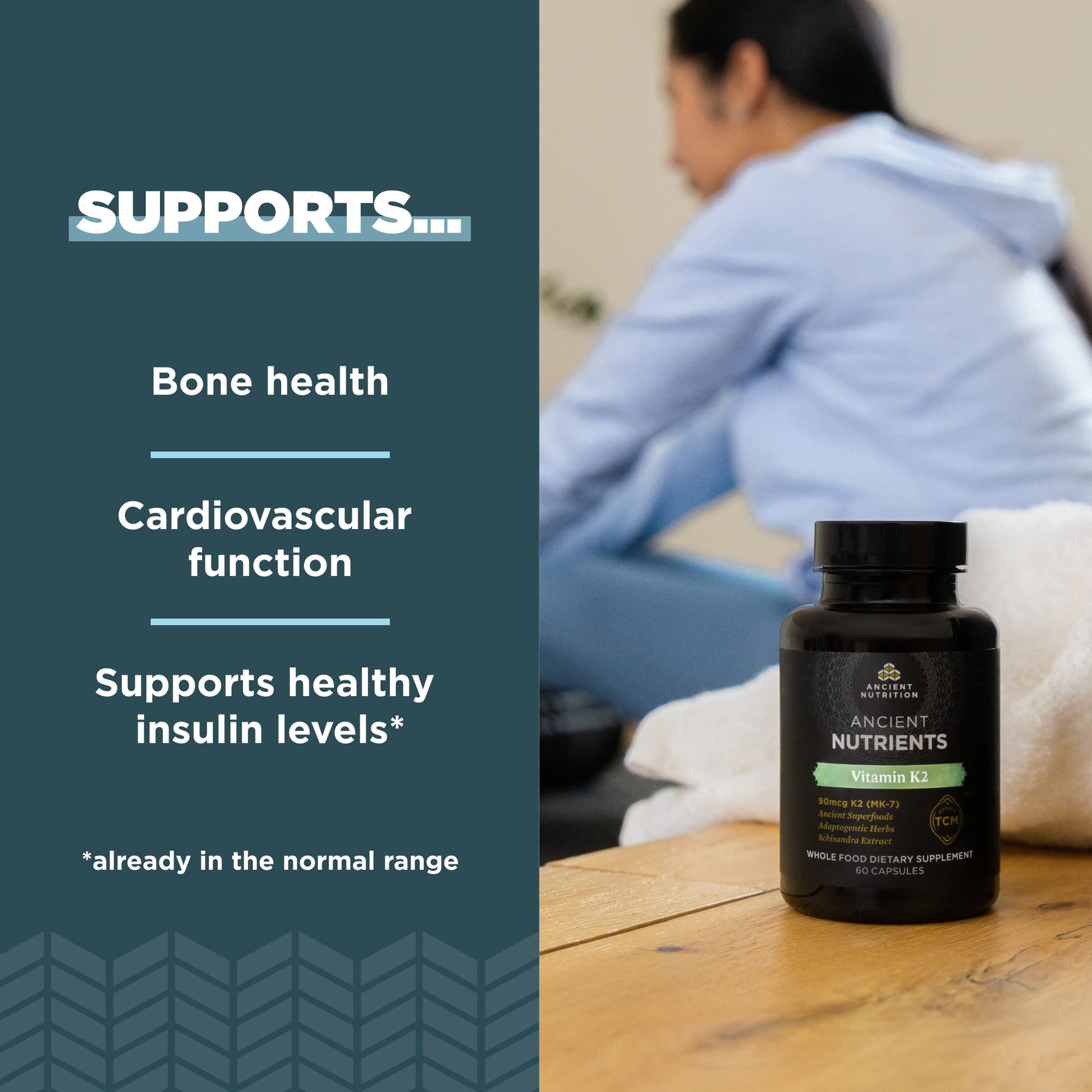 Premium dietary supplement bottle showcasing 90 mcg MK-7 dosage and adaptogenic herb highlights