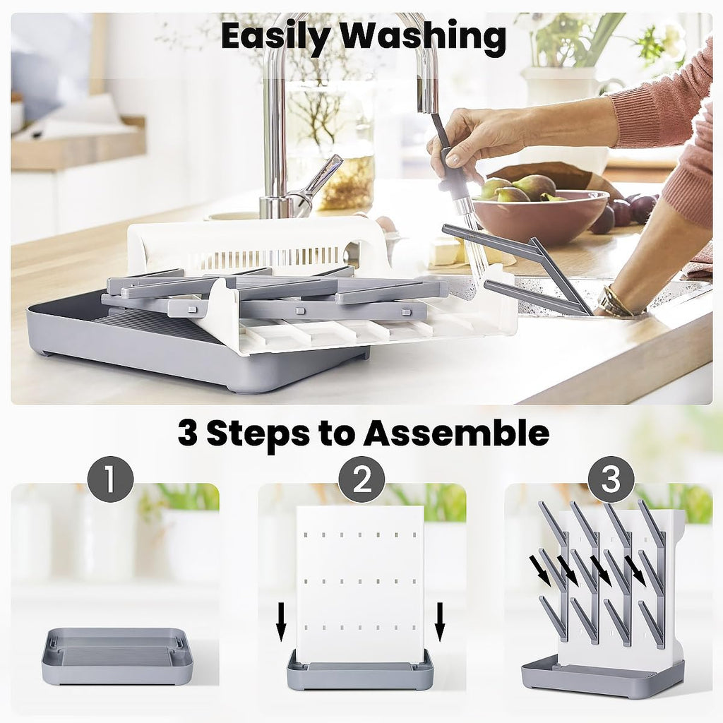 Wonder Digital gray drying rack holding baby bottles and pump parts