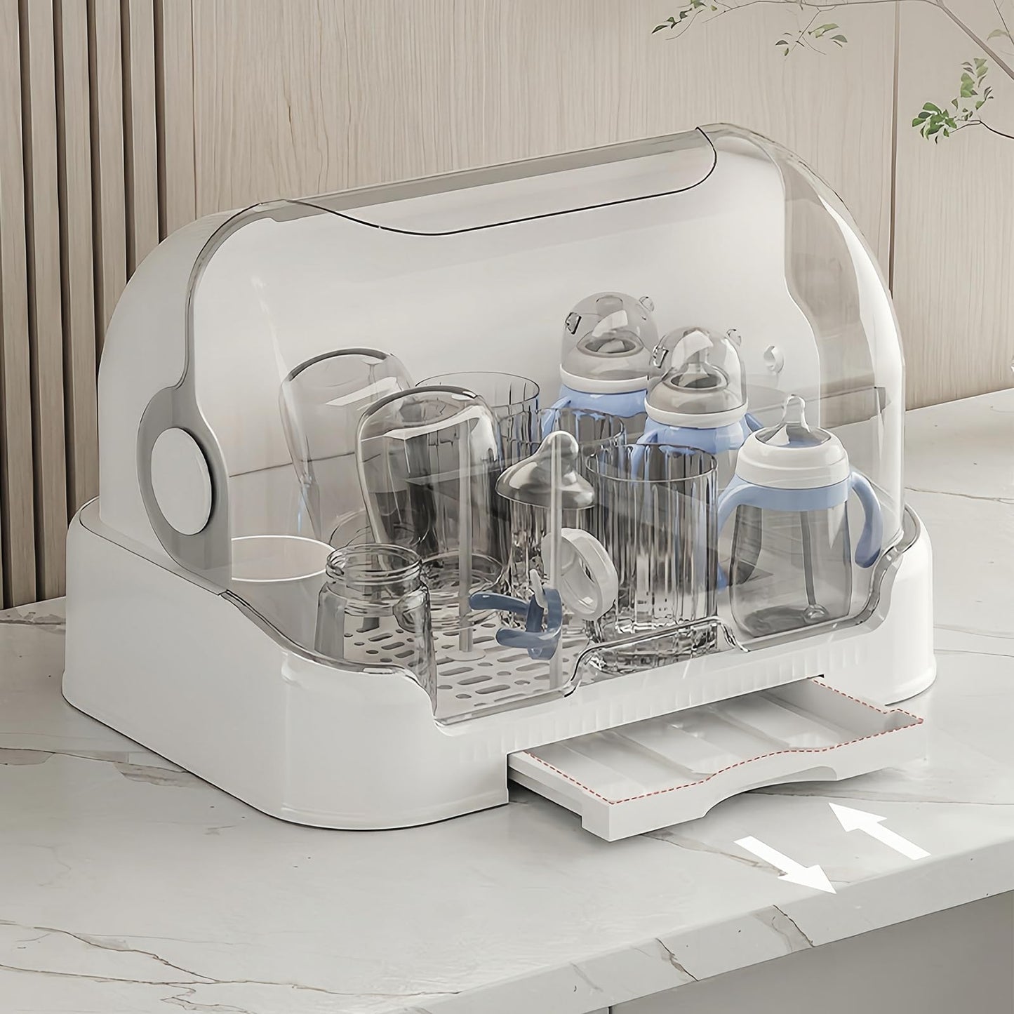 Side angle of Zdolmy bottle drying rack with transparent lid