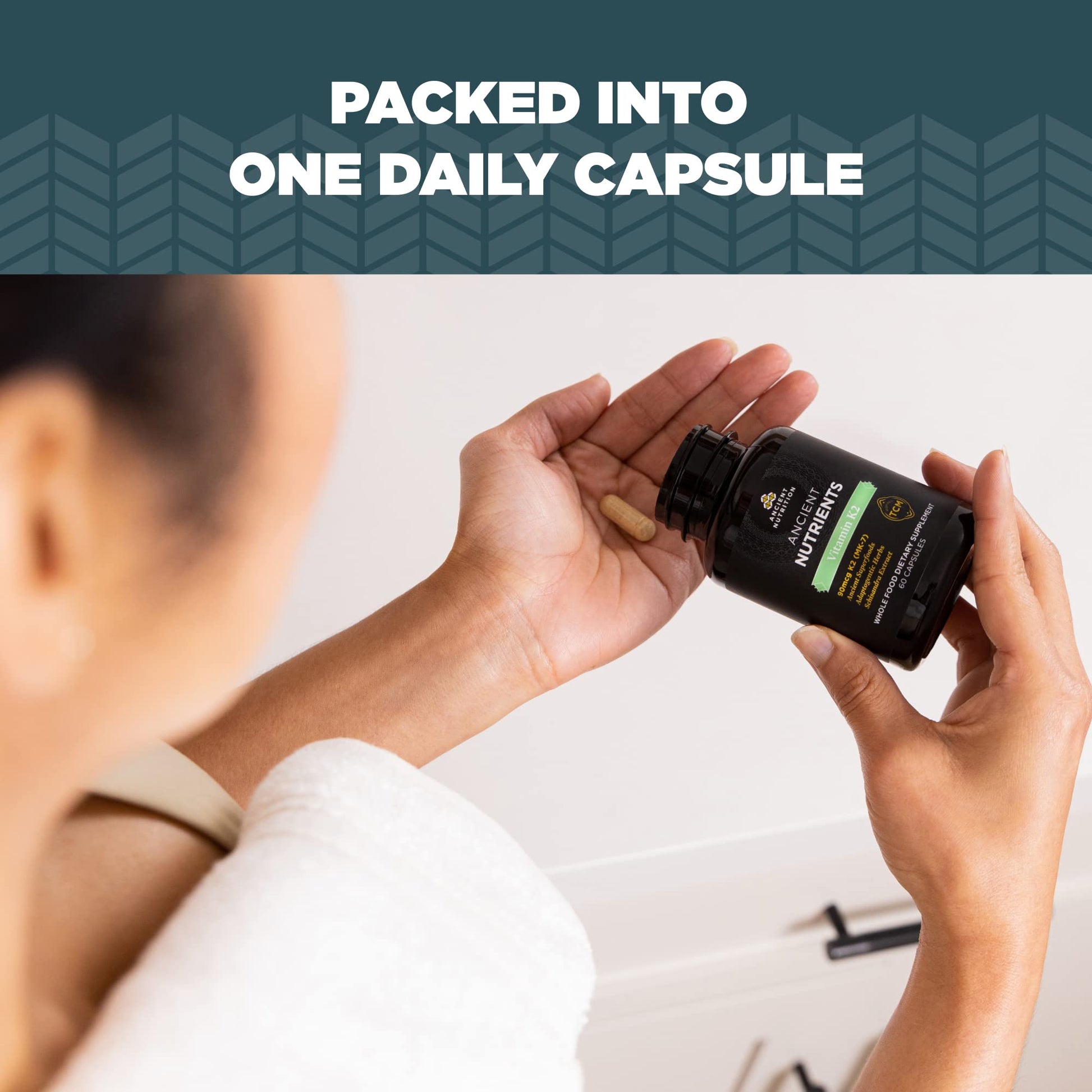 Ancient Nutrition Vitamin K2 capsules container sitting on a clean surface displaying brand authenticity