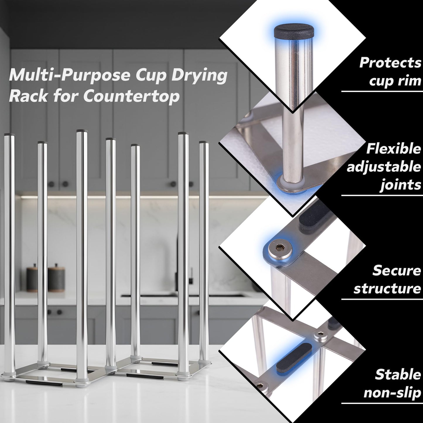 Ansothin bottle drying rack holding various tumblers and mugs