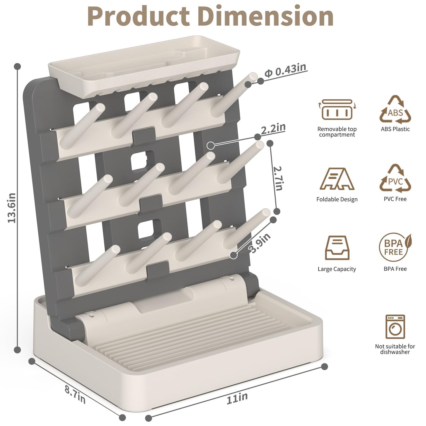 Baby bottle drying rack with removable drip tray for kitchen organization